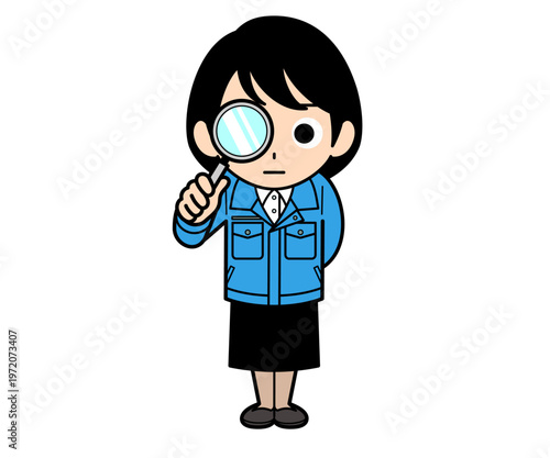 虫眼鏡で観察しているショートヘアーの事務員の女性