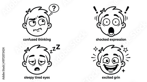 Cartoon expressive faces show various emotions and reactions.