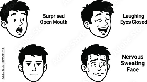 Cartoon expressive face illustrations show different emotions with various reactions