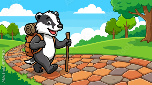 Cartoon badger with backpack walking.