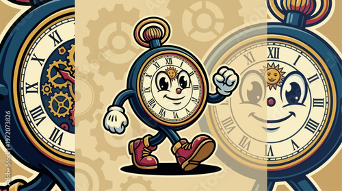 Cartoon clock character smiling happy.