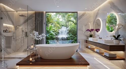 Luxurious spa bathroom with tropical waterfall view offers serene.
