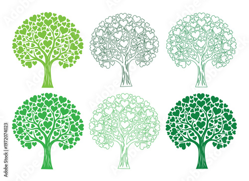 ハートの葉が茂る生命の木、愛と成長を象徴する緑豊かなベクターイラストセット。自然、環境保護、バレンタインデーのグラフィックデザインに最適な、様々なスタイルと濃淡のハートツリーコレクション。