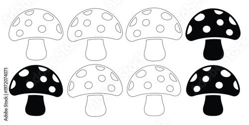 手描き風の可愛いキノコイラストセット、白黒のドット柄マッシュルームベクター素材、シンプルで使いやすい自然のアイコンコレクション、塗り絵やデザイン素材に最適