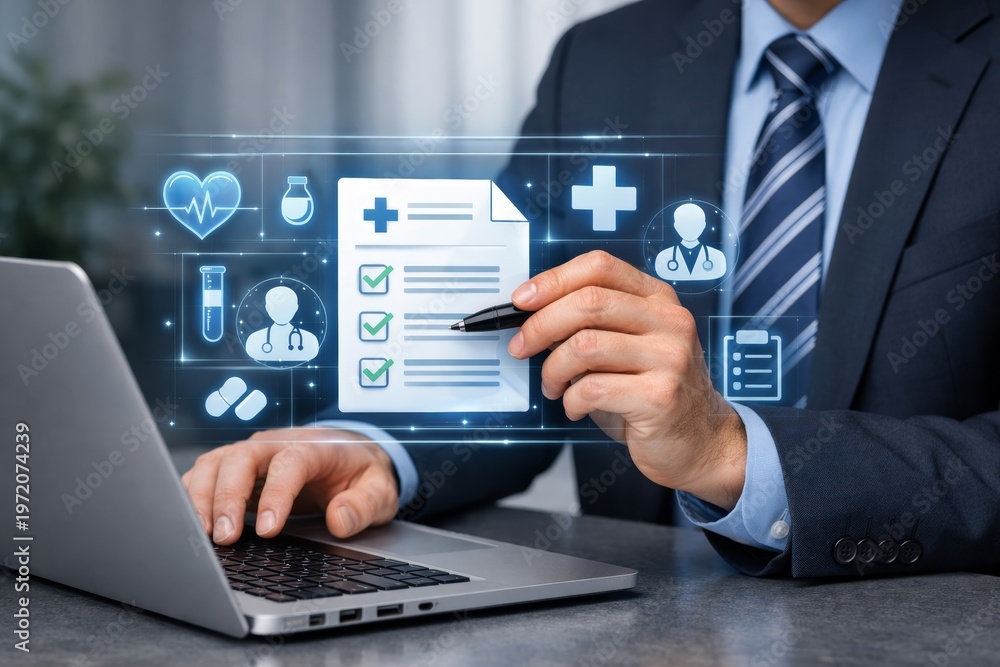 Fototapeta premium Digital medical form review with online health icons. Ai generative