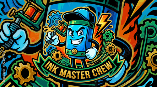 Cartoon tattoo ink bottle character.