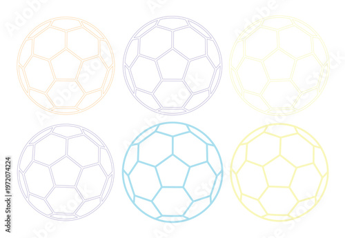 サッカーボールの幾何学的なアウトライン、6つの異なるパステルカラーの球体アイコンセット、スポーツイベントやデザインプロジェクトに最適なベクターイラスト素材