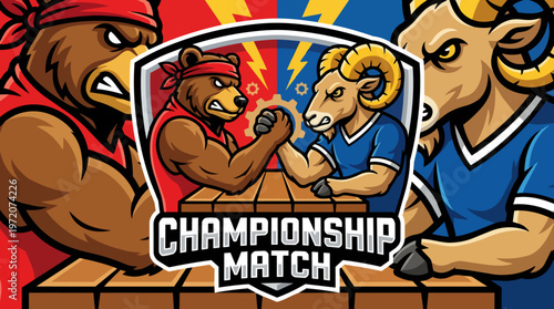 Cartoon bear and goat wrestling.