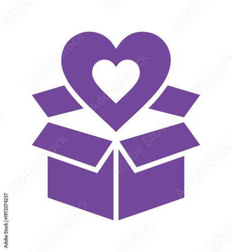 パープルカラーのハートが飛び出すギフトボックス、愛と感謝を伝えるプレゼントのベクターアイコン。贈り物、慈善活動、寄付、サプライズを表現するシンボル。