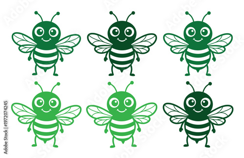 かわいいミツバチのキャラクターセット、緑色のハチのアイコンコレクション、環境保護や自然をテーマにしたベクターイラスト素材、子供向けデザインやエコプロジェクトに最適