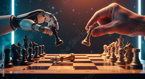 AI robotic hand playing chess against human hand for strategic competition