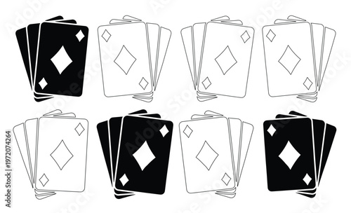 トランプのダイヤのカードセット、白黒のコントラストが際立つベクターイラスト。カジノ、ゲーム、ギャンブル関連のプロジェクトに最適なグラフィック素材。