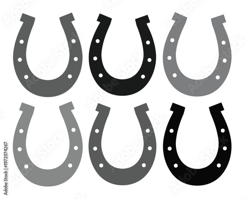 幸運のシンボル、馬蹄のベクターイラストセット。シンプルなモノクロデザインの蹄鉄アイコン、幸運と成功を願うお守り、ビジネスやウェブデザインに最適なグラフィック素材。