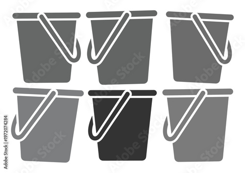 6つのシンプルなバケツアイコンセット、掃除用品や水汲み、ガーデニング作業に使えるモノクロベクターイラスト素材