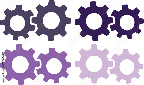 歯車アイコンセット、システムと連携を象徴する紫色のギアベクターイラスト、ビジネスプロセスや機械工学の概念デザイン素材