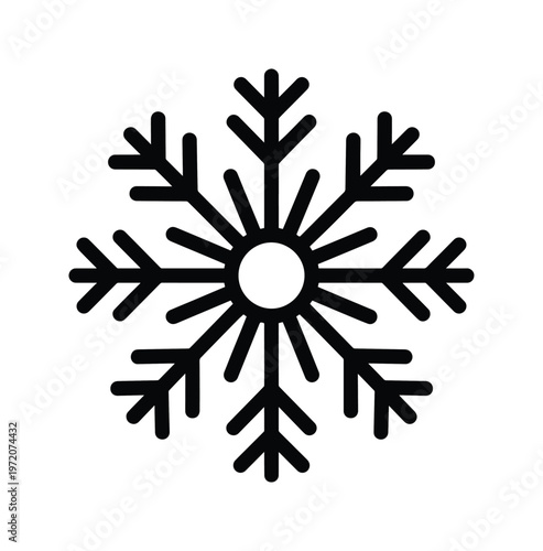 ミニマルでモダンな黒い雪の結晶アイコン、冬の季節や寒さを表現するシンプルなベクターイラスト、気象予報やクリスマスデザインに最適なグラフィック素材
