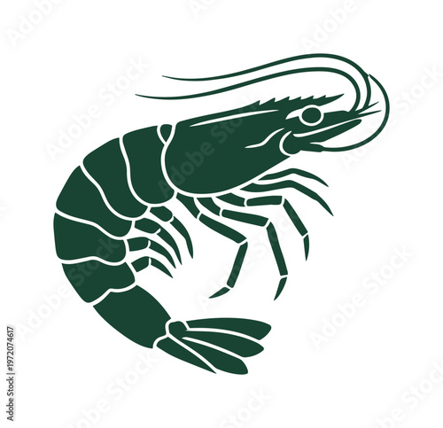 新鮮なエビのシルエット、海の幸を象徴するシンプルなベクターイラスト、シーフードレストランや水産加工品のロゴデザインに最適な甲殻類アイコン