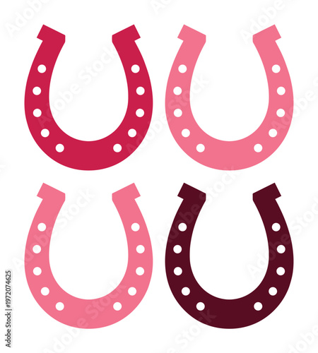 幸運のシンボル、馬蹄のベクターイラストセット。ピンクと赤のグラデーションが美しい、お守りや縁起物デザインに最適な馬蹄コレクション。