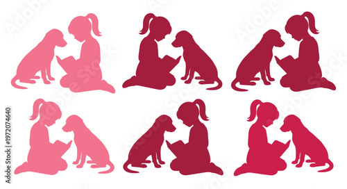 犬と少女のシルエット、6つの異なるピンクと赤の色調で描かれた、読書する子供とペットの心温まる瞬間、動物との絆を表現するベクターイラスト素材
