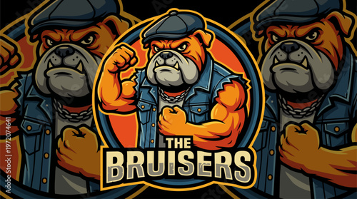 Cartoon Bulldog Wearing Denim Vest.