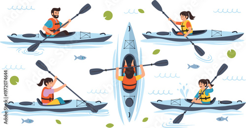 Kayaking Activity Illustration Set with People Paddling Canoe on Water River Adventure Outdoor Sports and Recreational Lifestyle Scenes