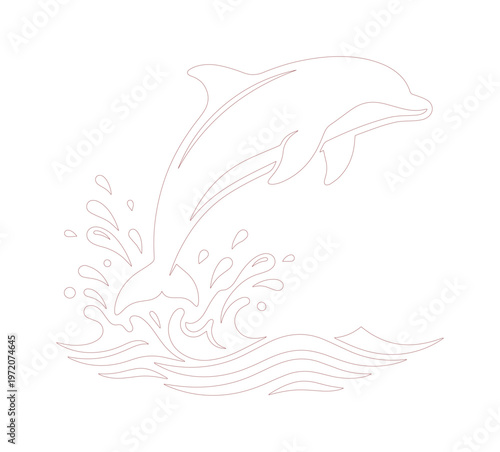 躍動感あふれるイルカのジャンプ、水しぶきと波が描かれたミニマルな線画イラスト。海の生物、水生動物の優雅な動きを表現したベクターアート素材。