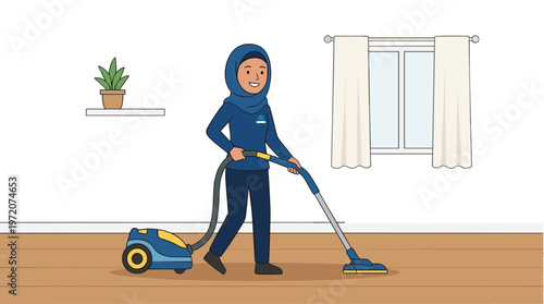 A woman in a blue outfit vacuums the wooden floor in a room.