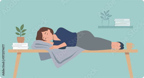 Woman lies on a massage table with a book and plant nearby indoors.