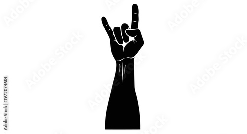 A black silhouette of a hand making a rock on gesture against a white background.