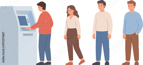 People standing in line at an ATM machine outdoors