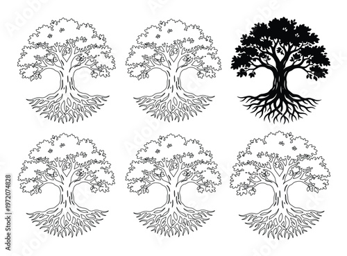 生命の樹、力強い根と豊かな葉を持つシンボルツリーのモノクロベクターイラストセット。成長、生命力、自然を象徴するデザイン素材。