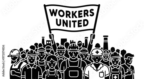 A group of workers from different professions standing together under a banner.