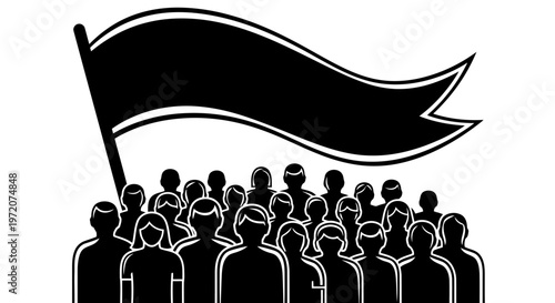 A crowd of people gathered together with a black flag waving above them.