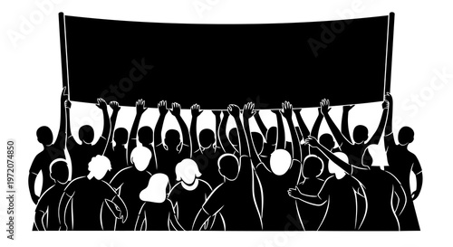 A crowd of people holding a large blank banner together in unity and solidarity.