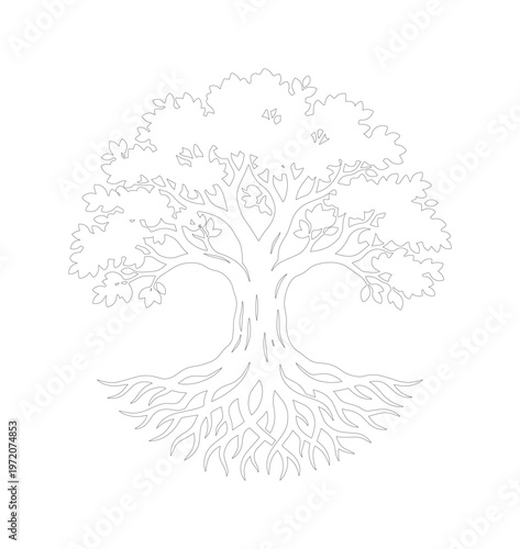 生命の木、力強い根と豊かな葉を持つシンボリックな樹木イラスト、自然と成長を表現するベクターアート、環境保護や持続可能性のコンセプトに最適