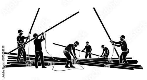 Men working together to move large wooden logs using long poles in a coordinated effort