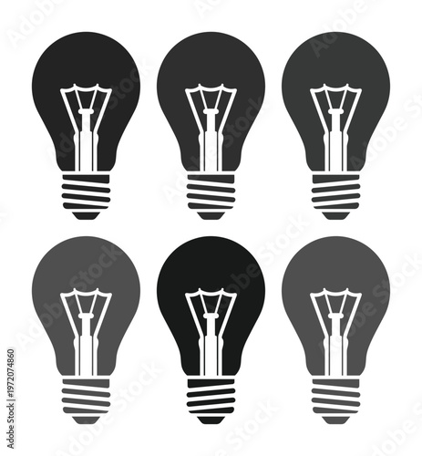 電球のシルエットアイコンセット、アイデアやひらめきを表現するシンプルなベクターイラスト。ビジネス、テクノロジー、環境問題解決の概念に最適な電球のコレクション。