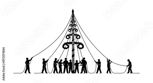 A group of people working together to erect a tall structure using ropes.