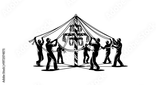 People working together to set up a large tent or canopy structure.