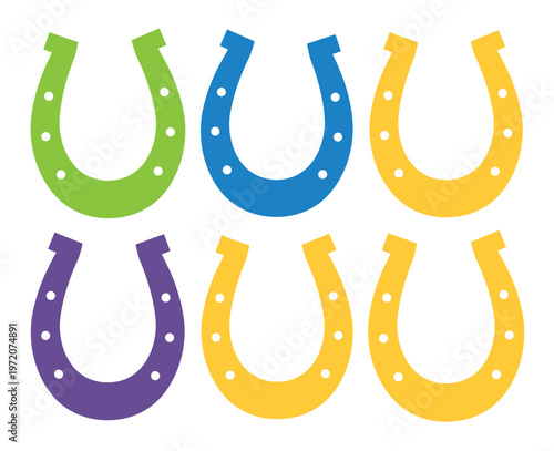 カラフルな蹄鉄のベクターイラストセット、幸運と成功を象徴するポップで明るいデザイン素材、馬具や縁起物アイコンコレクション