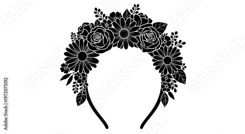 A black floral headband on a white background with intricate details.
