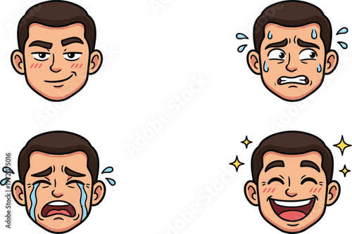 Cartoon man displays various expressive faces with emotions and reactions