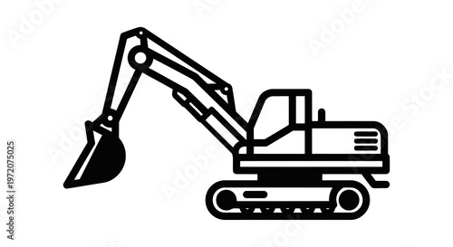 A simple black and white illustration of an excavator on a white background.