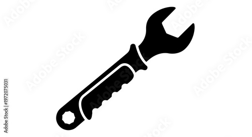A simple black and white illustration of an adjustable wrench on a plain background.