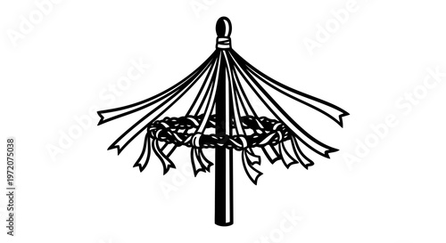 A simple black and white drawing of a broken umbrella with torn fabric and bent ribs.