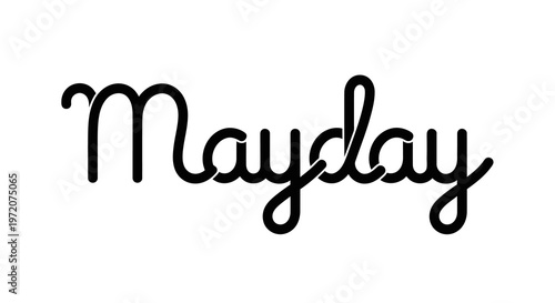 A simple yet elegant black cursive text reading mayday on a white background.