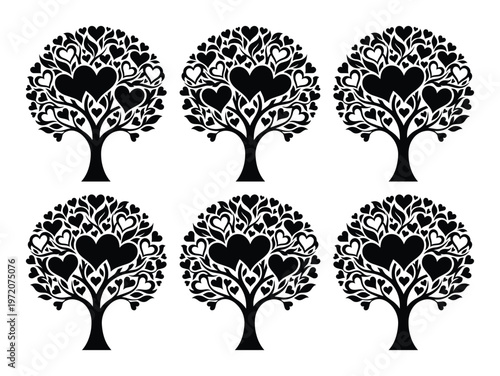 愛と生命の象徴、ハートの葉が茂る生命の木ベクターイラスト6点セット。結婚式、バレンタイン、家族の絆を表現するロマンチックなデザイン素材。