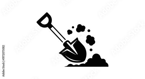 A simple black and white illustration of a shovel digging into the ground.