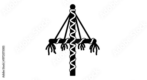 A minimalist black figure with multiple limbs hanging from a rope on a white background.