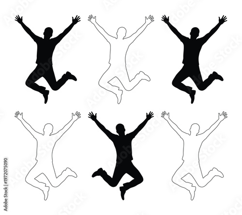 喜びを表現するジャンプする男性のシルエットセット、躍動感あふれる成功と自由のベクターイラスト、活気あるビジネスやライフスタイルデザインに最適